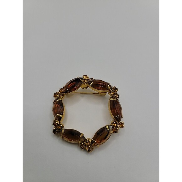 Vintage Brooch Pin Round Gold Tone Brown Yellow Crystals Jewelry Costume - Picture 2 of 13